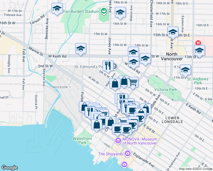 map of restaurants, bars, coffee shops, grocery stores, and more near 2410 Mahon Avenue in North Vancouver