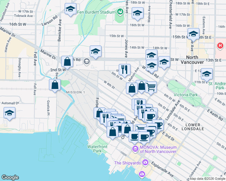 map of restaurants, bars, coffee shops, grocery stores, and more near 325 West 4th Street in North Vancouver