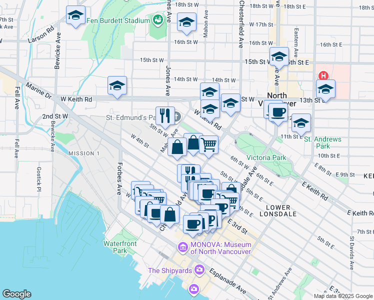 map of restaurants, bars, coffee shops, grocery stores, and more near in Vancouver