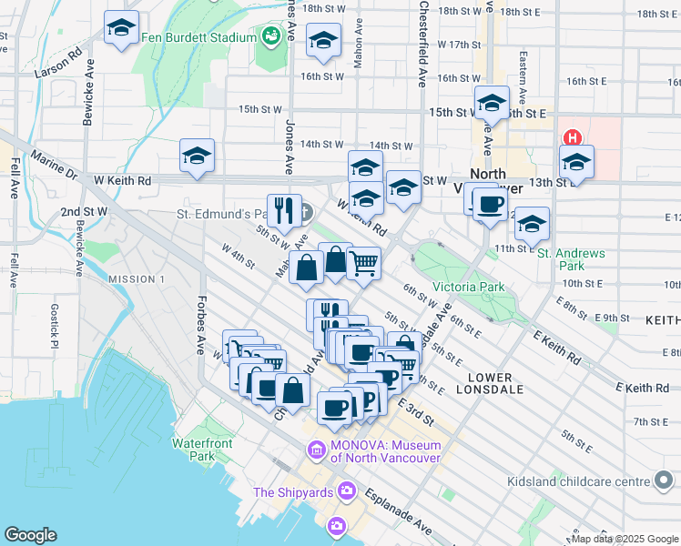 map of restaurants, bars, coffee shops, grocery stores, and more near in Vancouver