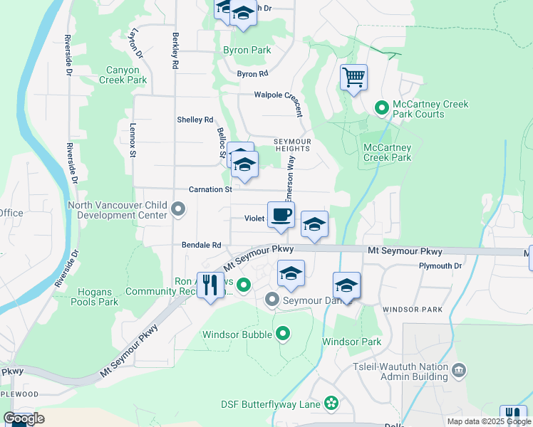 map of restaurants, bars, coffee shops, grocery stores, and more near 2698 Violet Street in North Vancouver