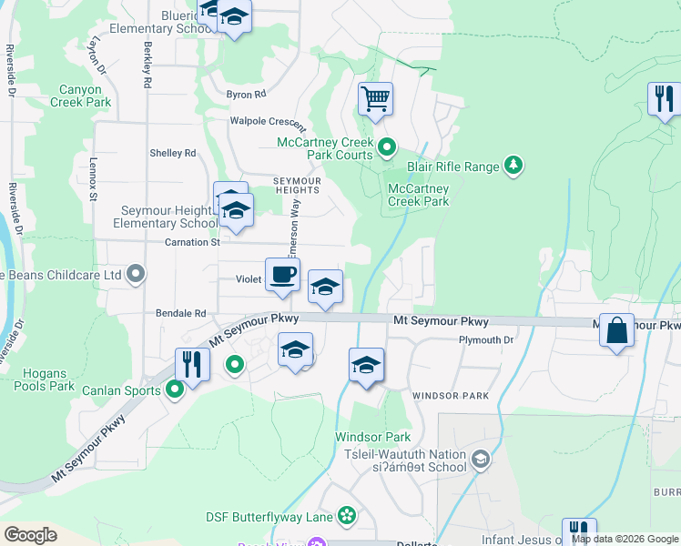map of restaurants, bars, coffee shops, grocery stores, and more near 2836 Violet Street in North Vancouver