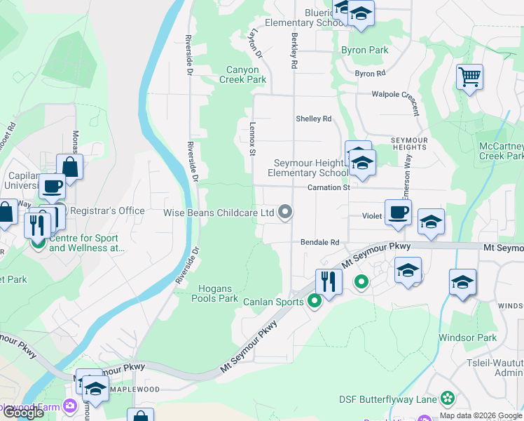 map of restaurants, bars, coffee shops, grocery stores, and more near 2445 Mowat Place in North Vancouver