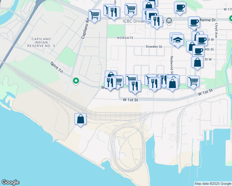 map of restaurants, bars, coffee shops, grocery stores, and more near in North Vancouver