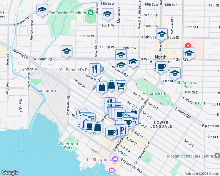 map of restaurants, bars, coffee shops, grocery stores, and more near 236 5th Street West in North Vancouver