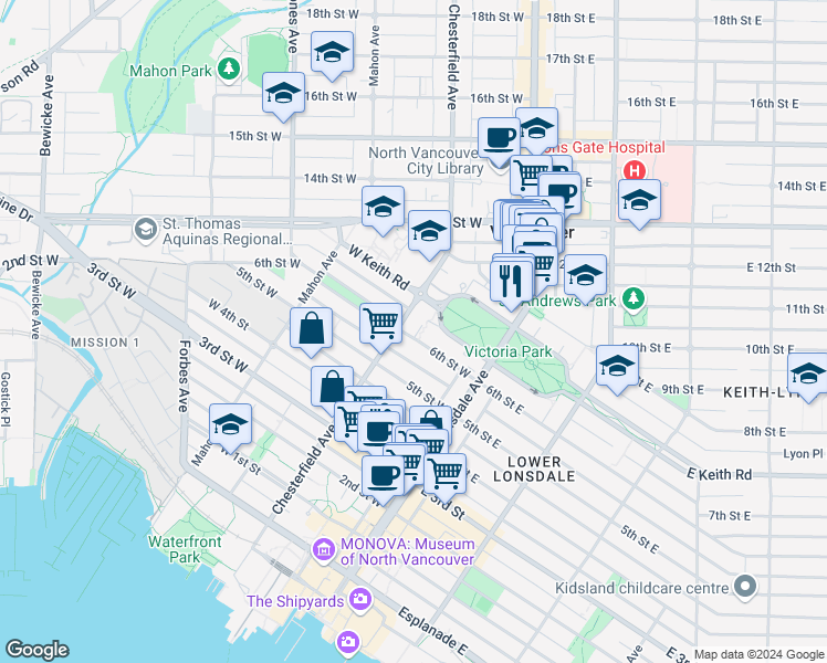 map of restaurants, bars, coffee shops, grocery stores, and more near 180 6th Street West in North Vancouver