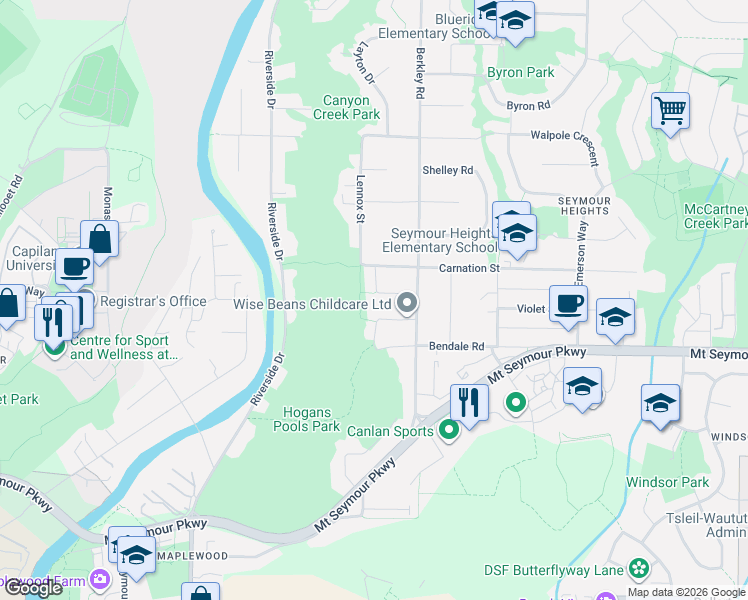 map of restaurants, bars, coffee shops, grocery stores, and more near 2445 Mowat Place in North Vancouver