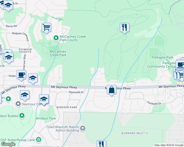 map of restaurants, bars, coffee shops, grocery stores, and more near 1174 Strathaven Drive in North Vancouver