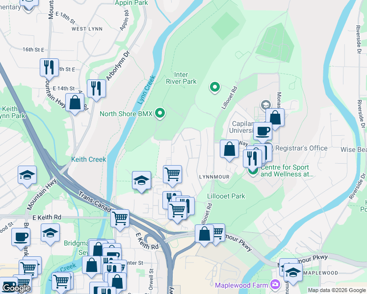 map of restaurants, bars, coffee shops, grocery stores, and more near 1270 Premier Street in North Vancouver