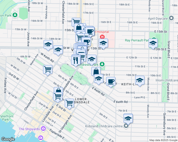 map of restaurants, bars, coffee shops, grocery stores, and more near 128 East 8th Street in North Vancouver