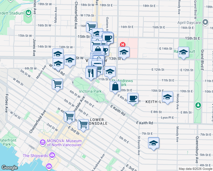 map of restaurants, bars, coffee shops, grocery stores, and more near 108 East 8th Street in North Vancouver