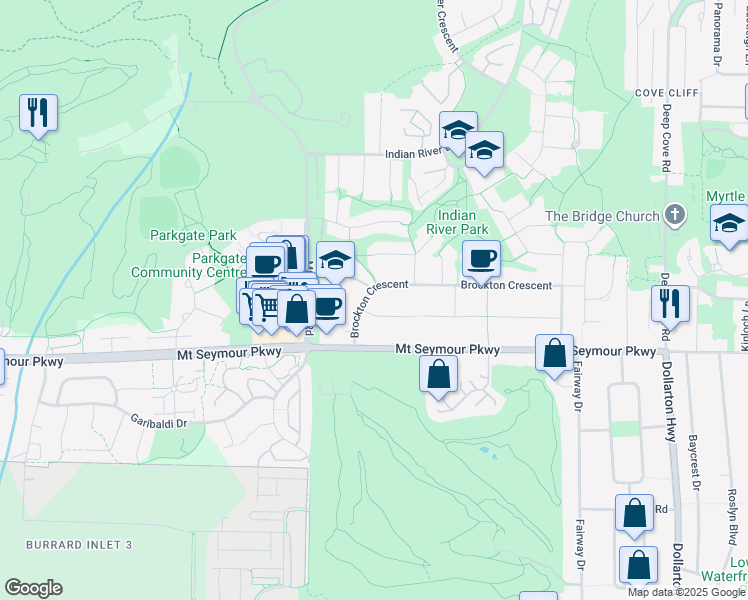 map of restaurants, bars, coffee shops, grocery stores, and more near 3825 Brockton Crescent in North Vancouver