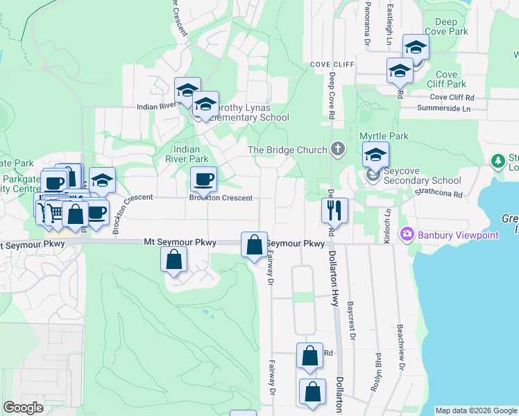 map of restaurants, bars, coffee shops, grocery stores, and more near 1150 Beaufort Road in North Vancouver