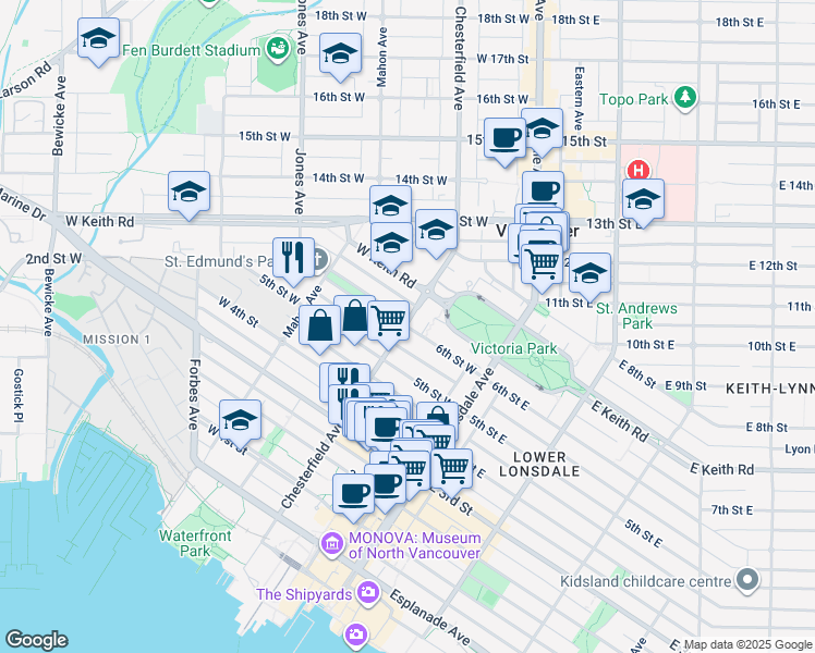 map of restaurants, bars, coffee shops, grocery stores, and more near 602 Chesterfield Avenue in North Vancouver