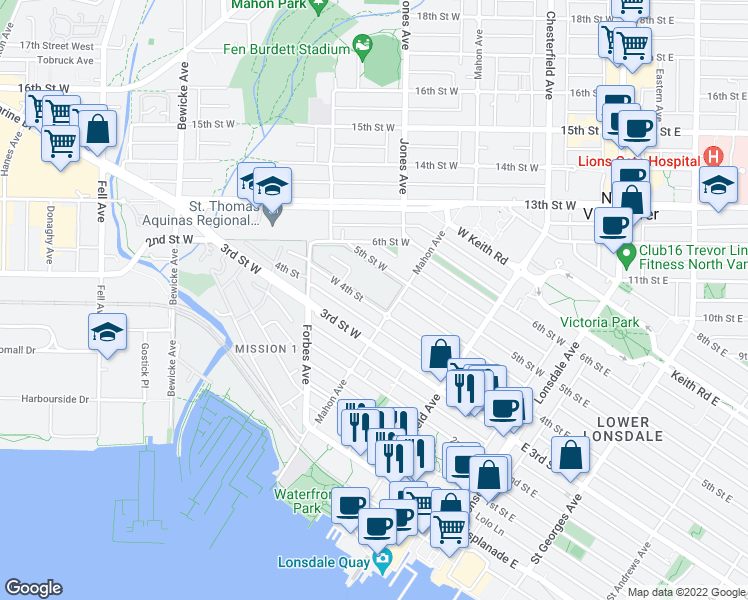 map of restaurants, bars, coffee shops, grocery stores, and more near 304 4th Street West in North Vancouver