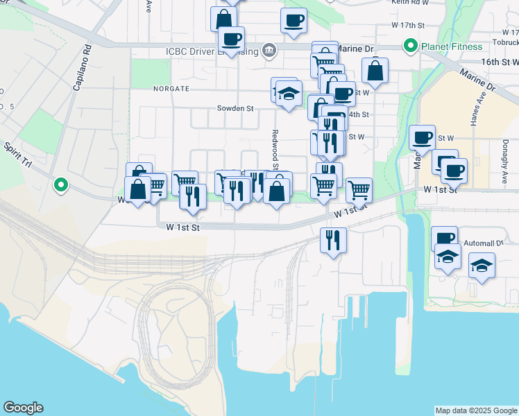 map of restaurants, bars, coffee shops, grocery stores, and more near 135-1305 Welch Street in North Vancouver