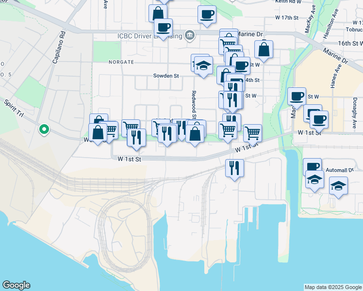 map of restaurants, bars, coffee shops, grocery stores, and more near 1305 Welch Street in North Vancouver