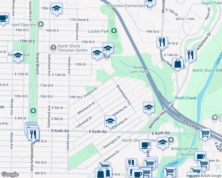 map of restaurants, bars, coffee shops, grocery stores, and more near 962 Whitchurch Street in North Vancouver