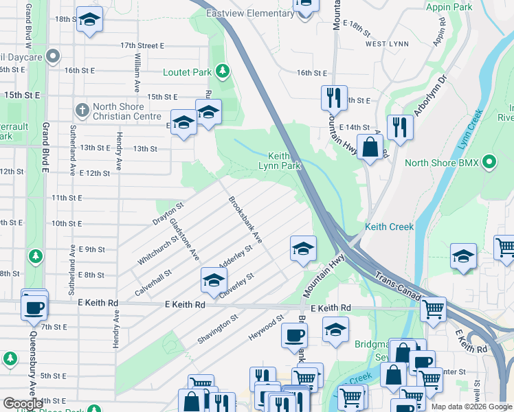 map of restaurants, bars, coffee shops, grocery stores, and more near 1028 Calverhall Street in North Vancouver