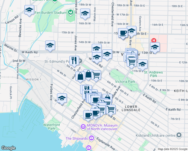 map of restaurants, bars, coffee shops, grocery stores, and more near 219 6th Street West in North Vancouver