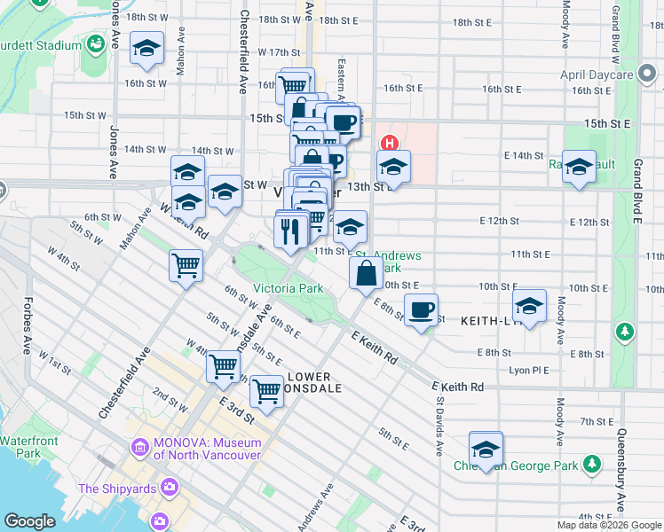 map of restaurants, bars, coffee shops, grocery stores, and more near in North Vancouver
