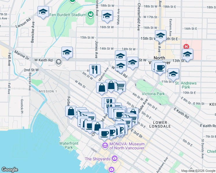 map of restaurants, bars, coffee shops, grocery stores, and more near in North Vancouver
