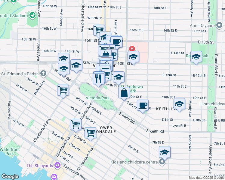 map of restaurants, bars, coffee shops, grocery stores, and more near 108 East 8th Street in North Vancouver