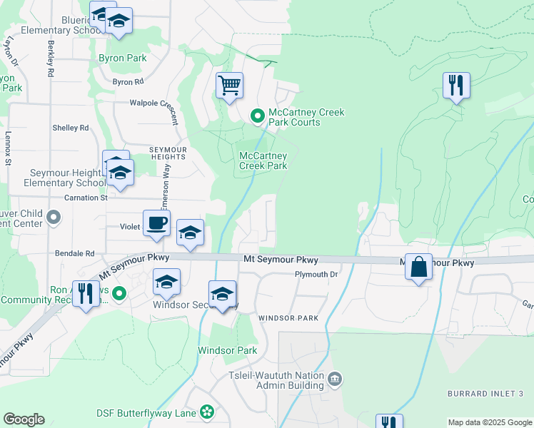 map of restaurants, bars, coffee shops, grocery stores, and more near 1001 Northlands Drive in North Vancouver