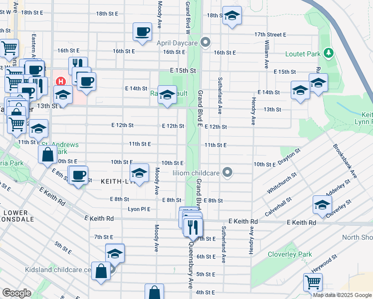 map of restaurants, bars, coffee shops, grocery stores, and more near 1045 Grand Boulevard West in North Vancouver