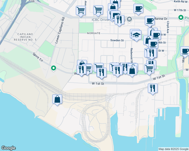 map of restaurants, bars, coffee shops, grocery stores, and more near 101 Bowser Avenue in North Vancouver