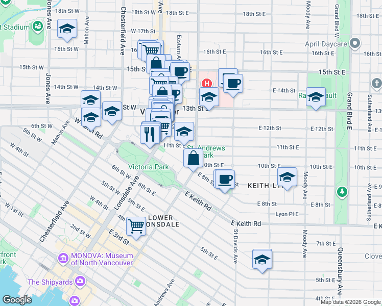 map of restaurants, bars, coffee shops, grocery stores, and more near 1033 Saint Georges Avenue in North Vancouver