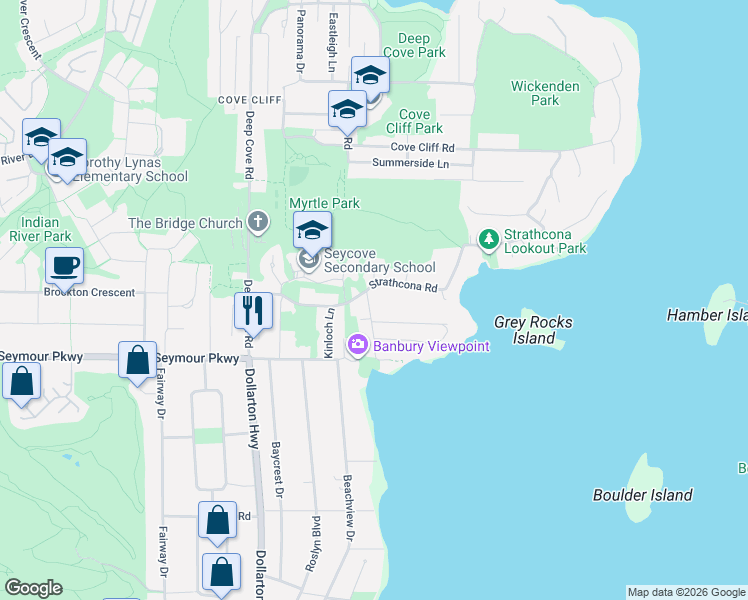 map of restaurants, bars, coffee shops, grocery stores, and more near 1232 Harris Avenue in North Vancouver