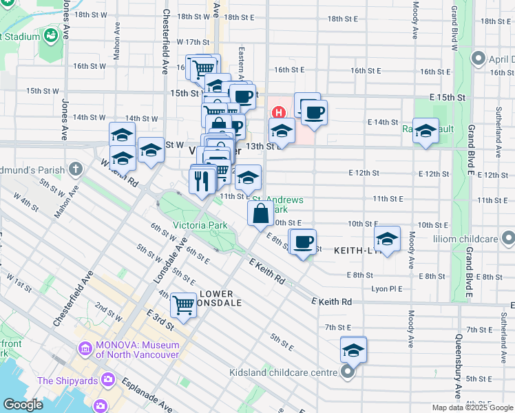 map of restaurants, bars, coffee shops, grocery stores, and more near 1033 Saint Georges Avenue in North Vancouver