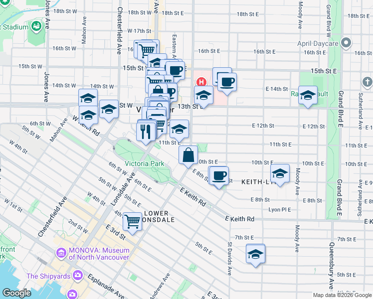 map of restaurants, bars, coffee shops, grocery stores, and more near in North Vancouver