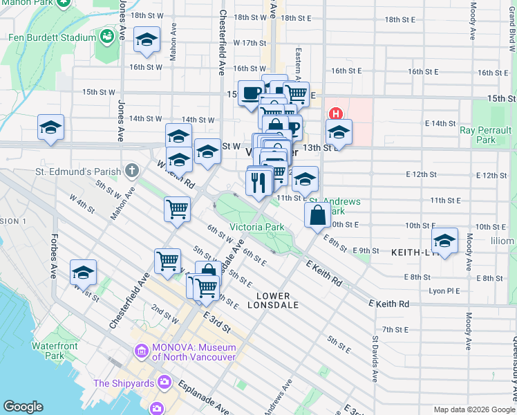 map of restaurants, bars, coffee shops, grocery stores, and more near 114 West Keith Road in North Vancouver