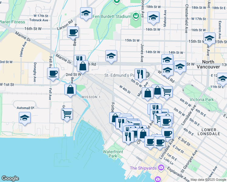 map of restaurants, bars, coffee shops, grocery stores, and more near 402 3rd Street West in North Vancouver
