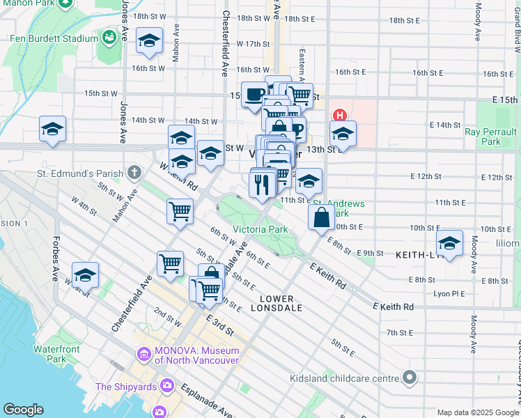 map of restaurants, bars, coffee shops, grocery stores, and more near 114 West Keith Road in North Vancouver