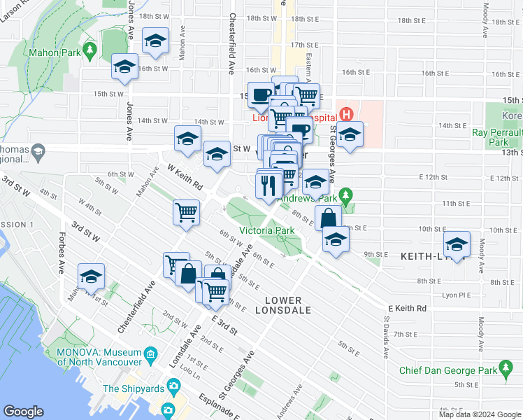 map of restaurants, bars, coffee shops, grocery stores, and more near 114 West Keith Road in North Vancouver