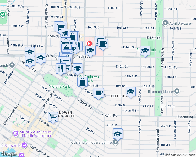 map of restaurants, bars, coffee shops, grocery stores, and more near 251 11th Street East in North Vancouver