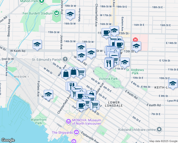 map of restaurants, bars, coffee shops, grocery stores, and more near 683 West Victoria Park in North Vancouver