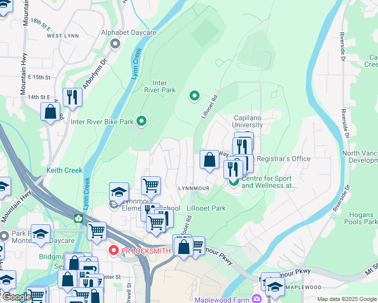 map of restaurants, bars, coffee shops, grocery stores, and more near 1171 Lillooet Road in North Vancouver