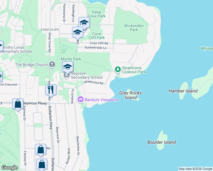 map of restaurants, bars, coffee shops, grocery stores, and more near 4545 Strathcona Road in North Vancouver