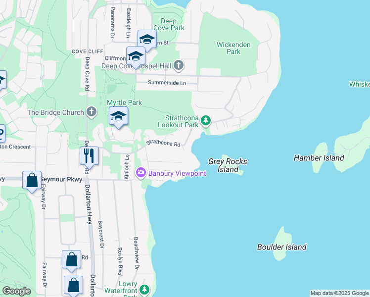 map of restaurants, bars, coffee shops, grocery stores, and more near 4545 Strathcona Road in North Vancouver