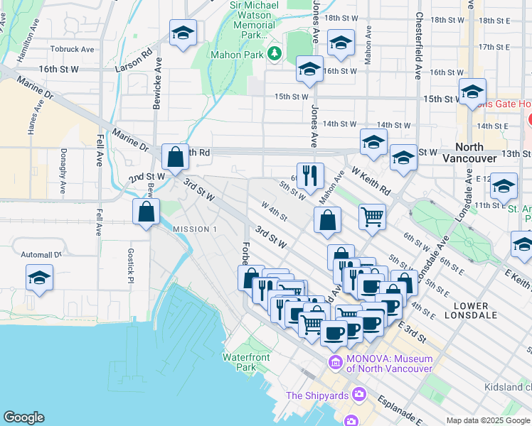 map of restaurants, bars, coffee shops, grocery stores, and more near in North Vancouver