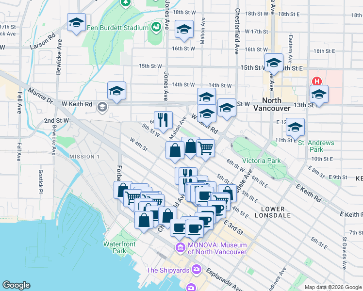 map of restaurants, bars, coffee shops, grocery stores, and more near 256 West 5th Avenue in Vancouver