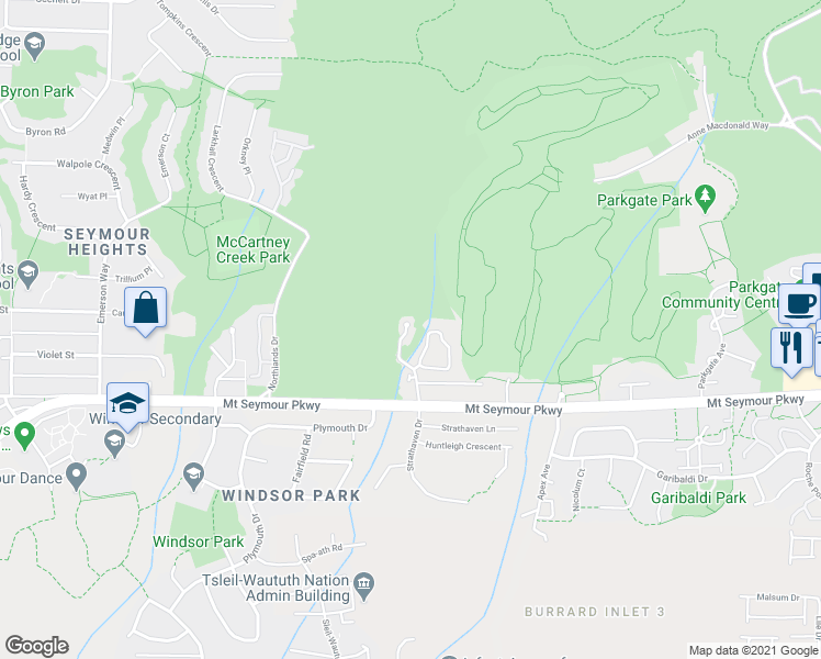 map of restaurants, bars, coffee shops, grocery stores, and more near 1188 Strathaven Drive in North Vancouver
