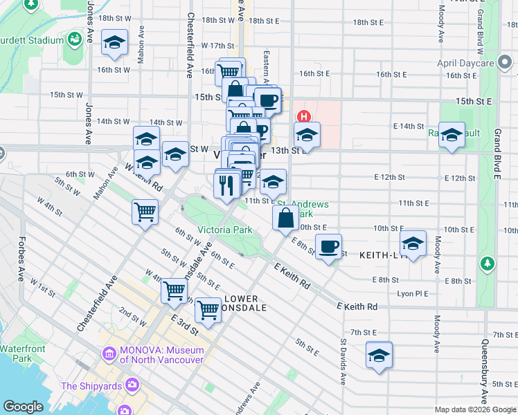 map of restaurants, bars, coffee shops, grocery stores, and more near 128 East 8th Street in North Vancouver