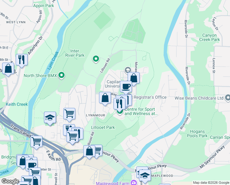 map of restaurants, bars, coffee shops, grocery stores, and more near 2060 Purcell Way in North Vancouver
