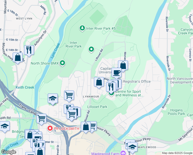 map of restaurants, bars, coffee shops, grocery stores, and more near 1884 Purcell Way in North Vancouver