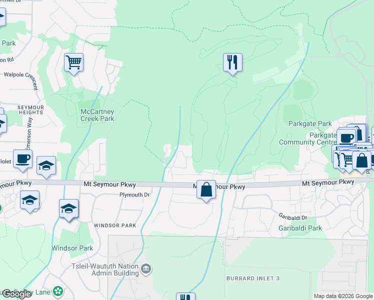 map of restaurants, bars, coffee shops, grocery stores, and more near 1140 Strathaven Drive in North Vancouver